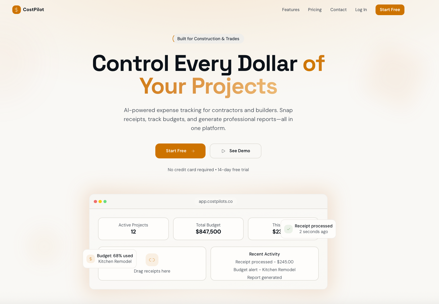 CostPilot receipt detail modal showing AI-extracted line items and receipt metadata.