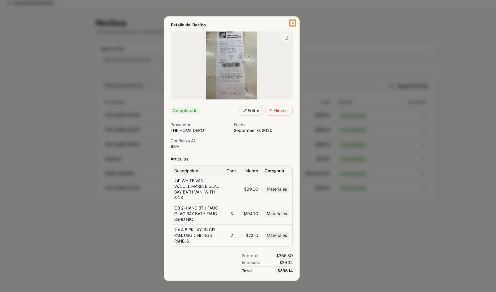 CostPilot landing page highlighting AI-powered construction expense tracking.